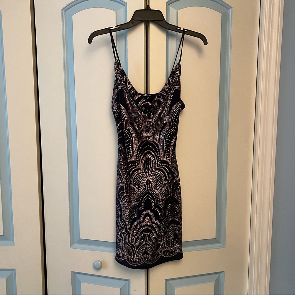Cowl-neck Cocktail Dress, Embellished Navy and Rose Gold